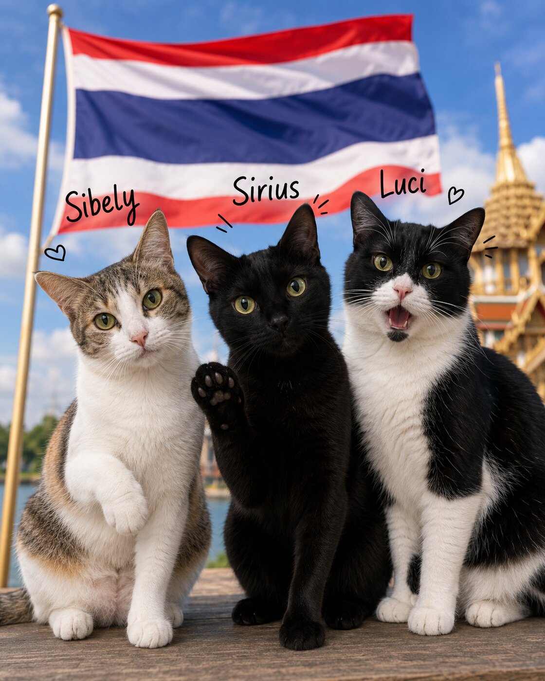 Os três gatos do casal em frente a uma bandeira da Tailândia